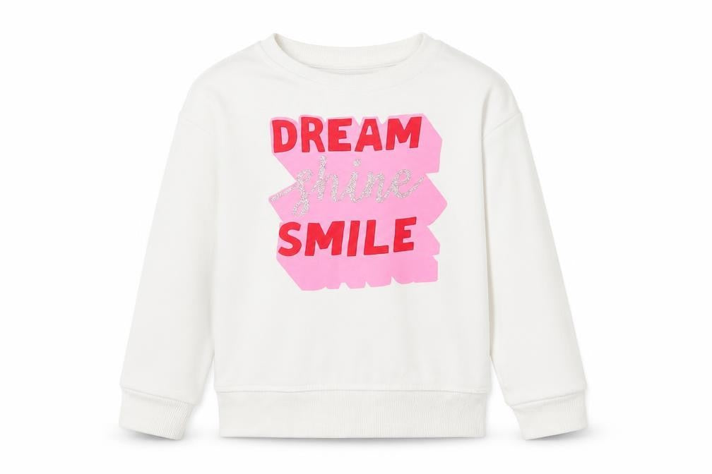 Front view of Primark girls’ white cotton pullover sweatshirt, size 4-5, years - dream shine smile