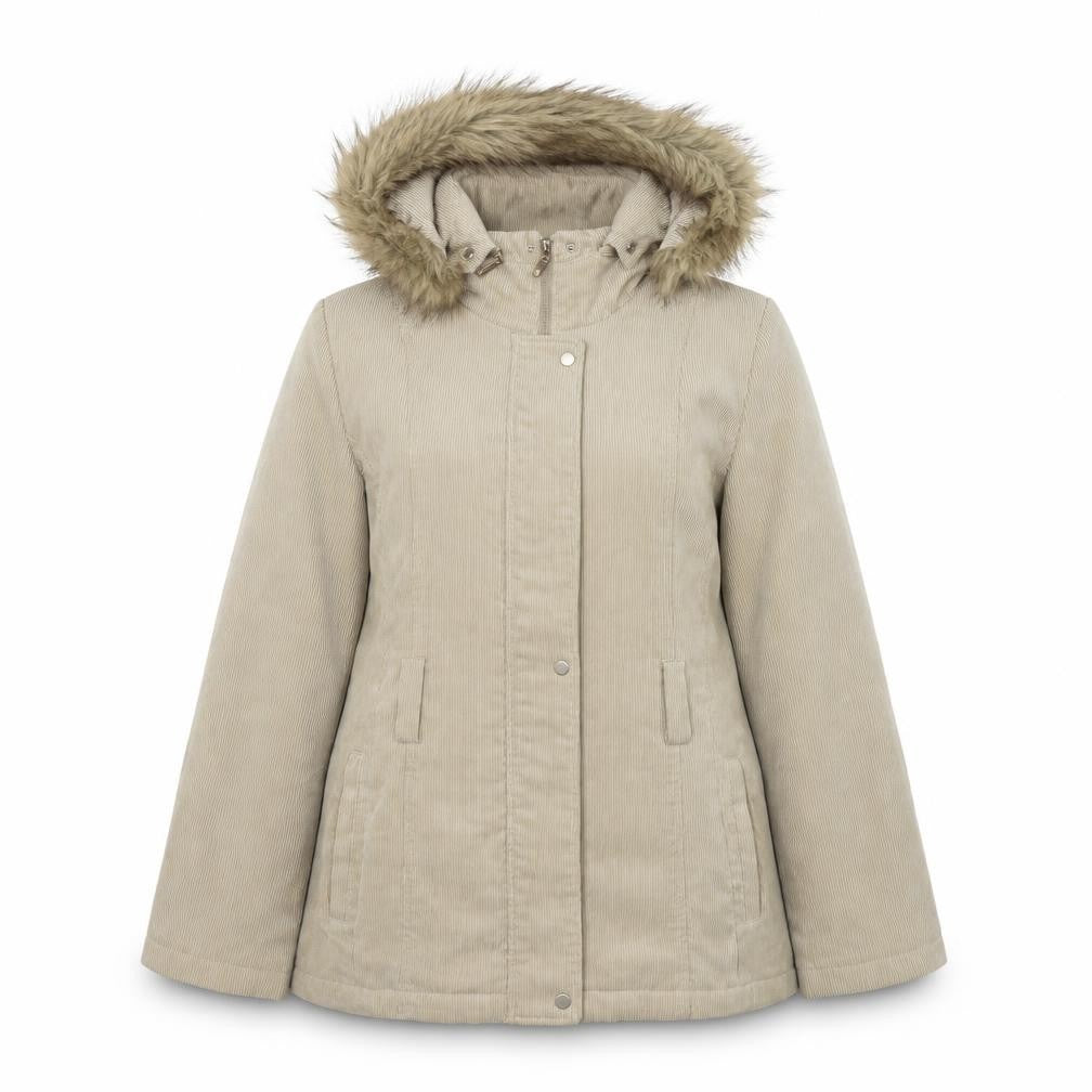 Front view of Klass women’s beige parka coat, size UK 12, zip
