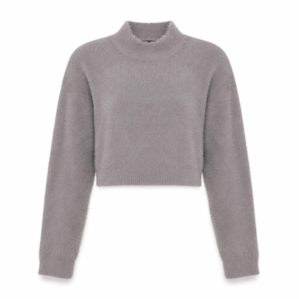 Front view of SHEIN women’s grey acrylic cropped blouse, size L, high neck