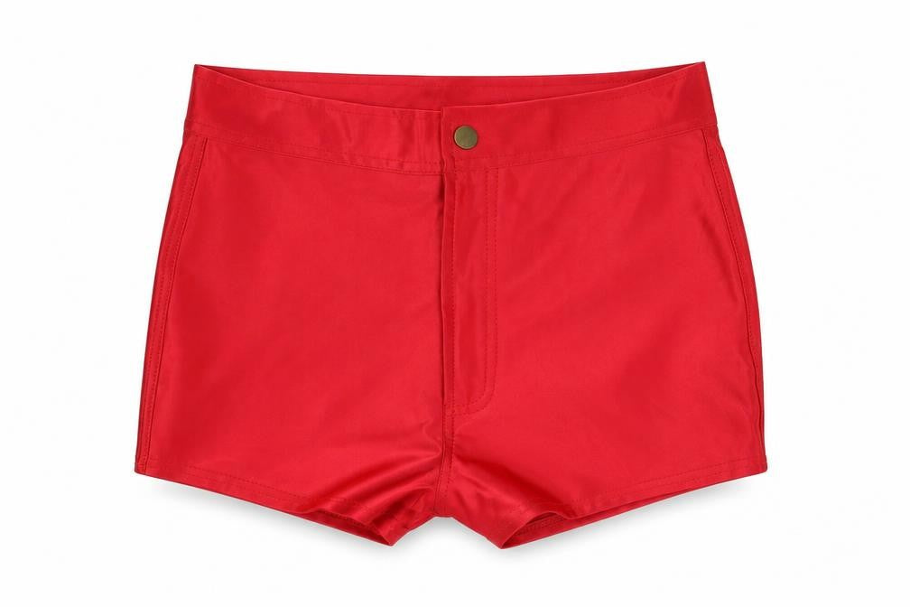 Front view of Preworn women’s red polyester hot pants shorts, size M, 3-inch leg regular button