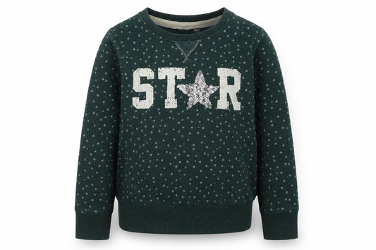 Front view of Next girls’ green geometric cotton pullover sweatshirt, size 8, years pullover - star pattern