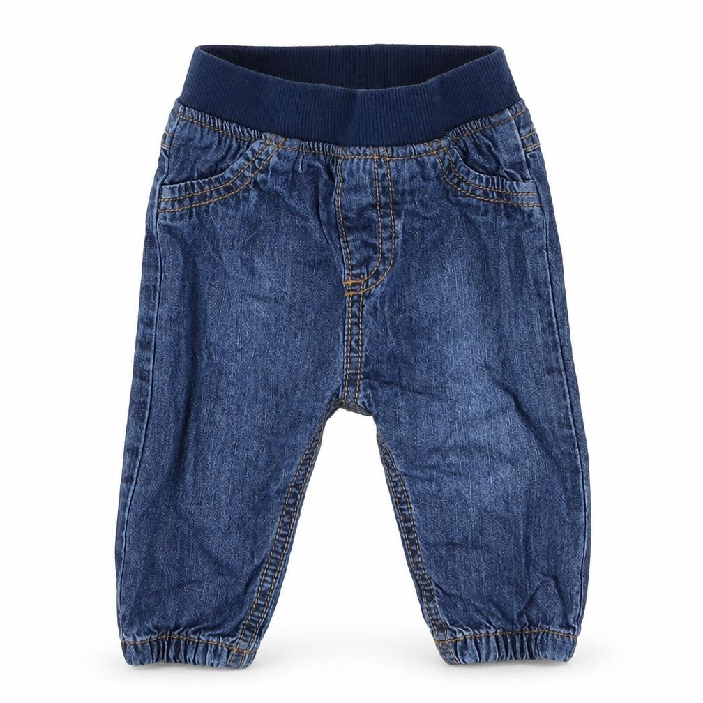 Front view of F&F boys’ blue cotton jogger jeans, size 3-6, months pullover
