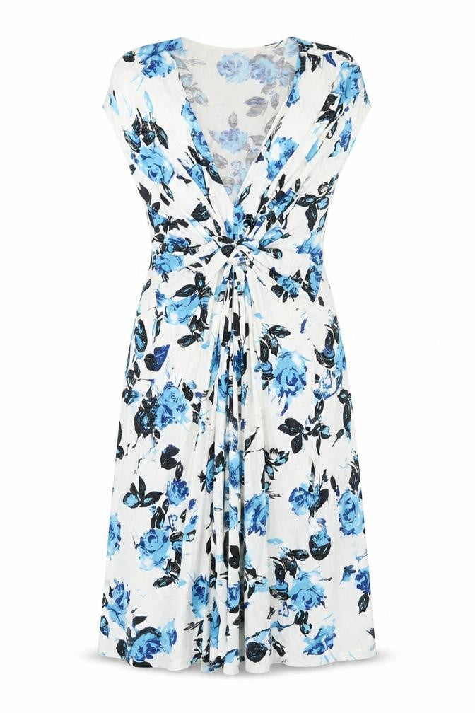 Front view of Krisp women’s multicoloured floral viscose a-line, size UK 8, v-neck pullover