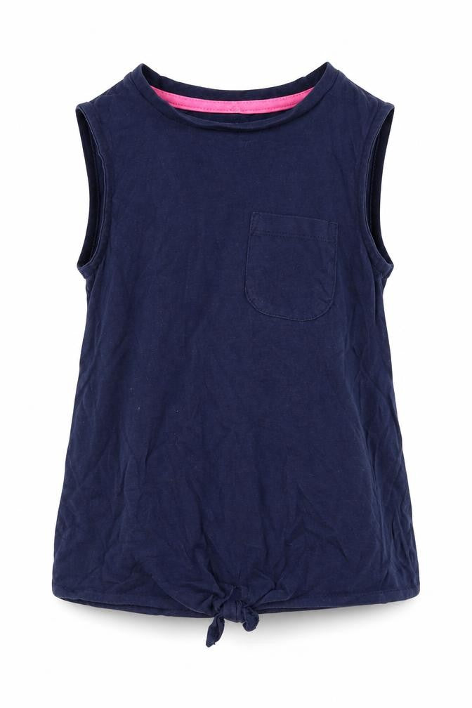 Front view of George girls’ blue 100% cotton basic tank, size 6-7, years round neck push lock