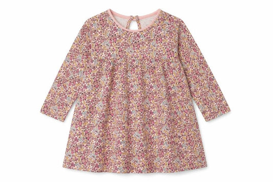 Front view of F&F girls’ pink floral cotton t-shirt dress, size 12-18, months round neck pullover