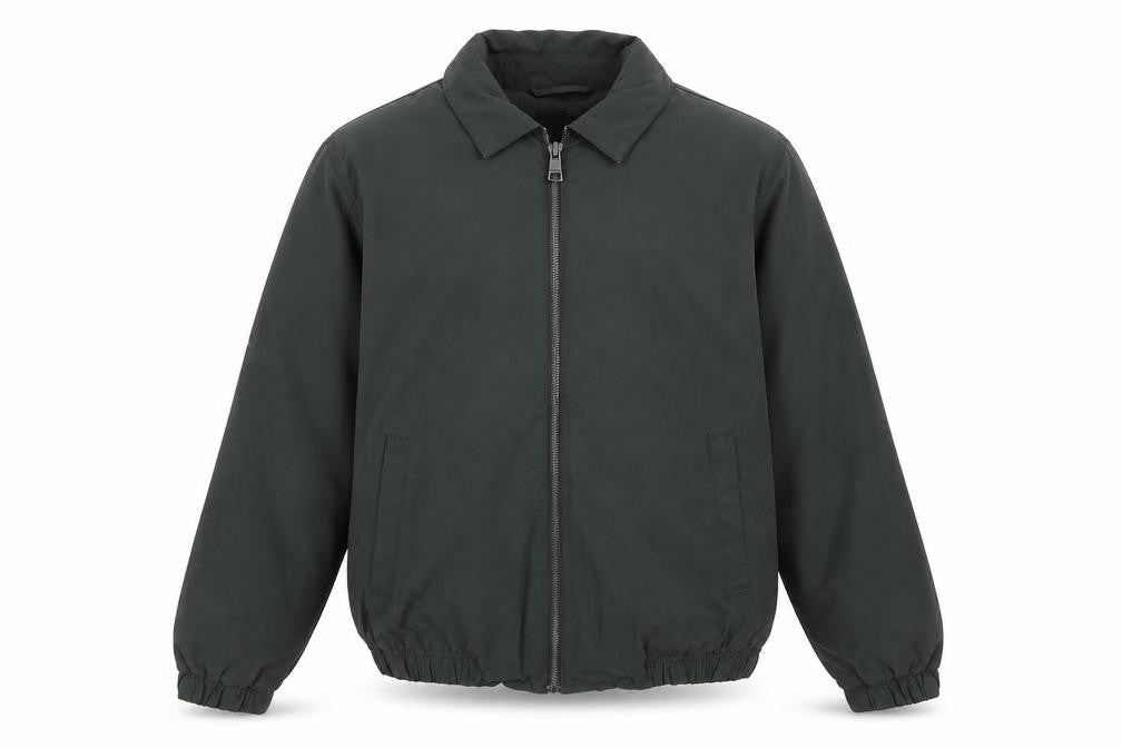 Front view of Brave Soul men’s green jacket, size S, zip