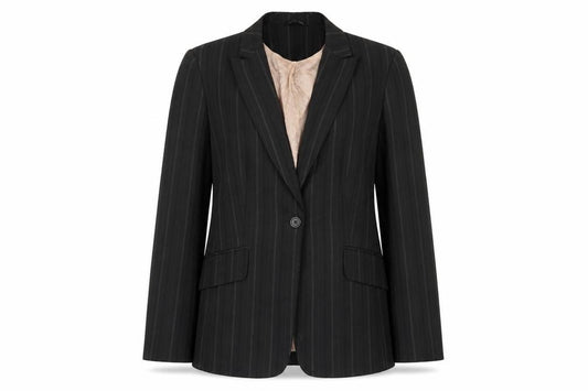 Front view of Dunnes women’s black striped polyester jacket blazer, size UK 14