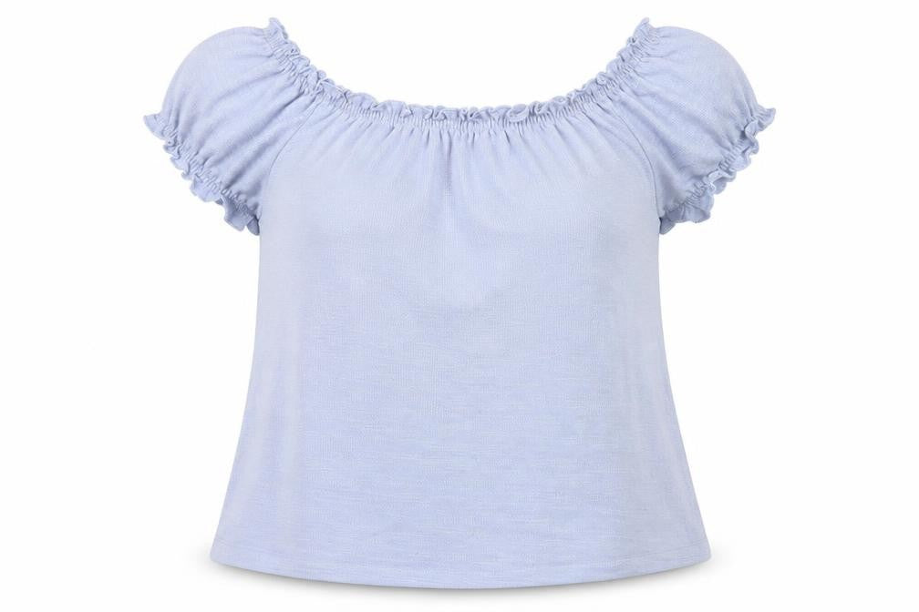 Front view of Matalan women’s blue polyester jersey blouse, size UK 14, off the shoulder