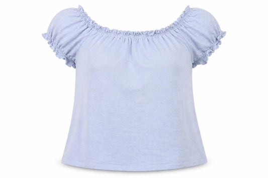 Front view of Matalan women’s blue polyester jersey blouse, size UK 14, off the shoulder