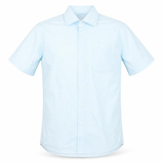 Front view of Collezione men’s blue plaid polyester button-up, size S, collared button