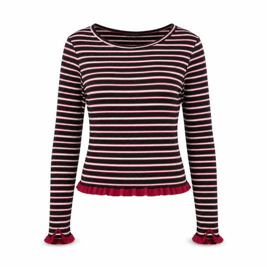 Front view of Primark women’s multicoloured striped polyester jersey t-shirt, size XS, high neck