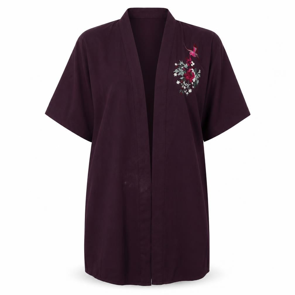 Front view of Secret Possesions women’s purple solid polyester kimono robe, size S, tie