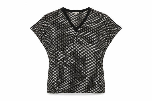 Front view of Monsoon women’s multicoloured geometric viscose basic blouse, size S, v-neck