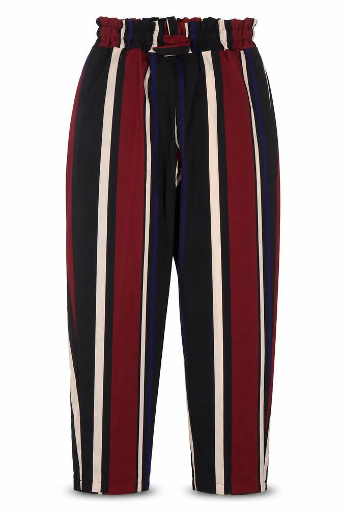 Front view of SHEIN women’s multicoloured striped polyester trousers, size L, 30-inch leg regular