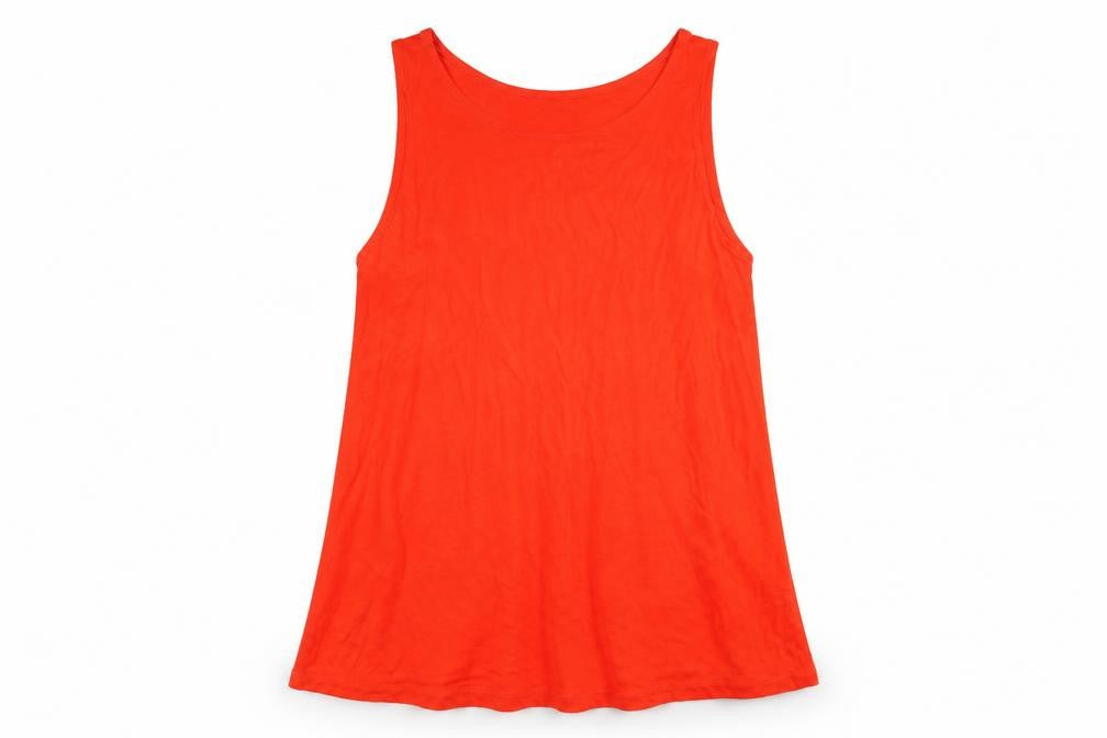 Front view of H&M women’s red viscose basic t-shirt, size S, round neck