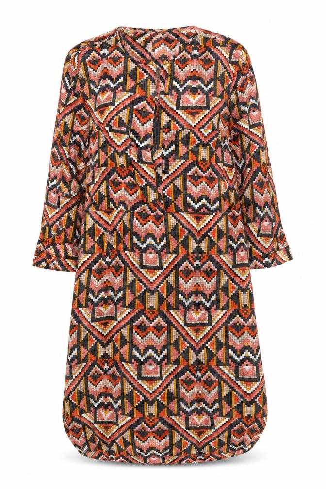 Front view of H&M women’s multicoloured geometric viscose a-line, size UK 10, scoop neck button
