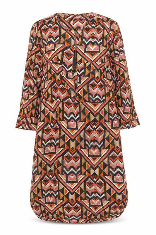 Front view of H&M women’s multicoloured geometric viscose a-line, size UK 10, scoop neck button