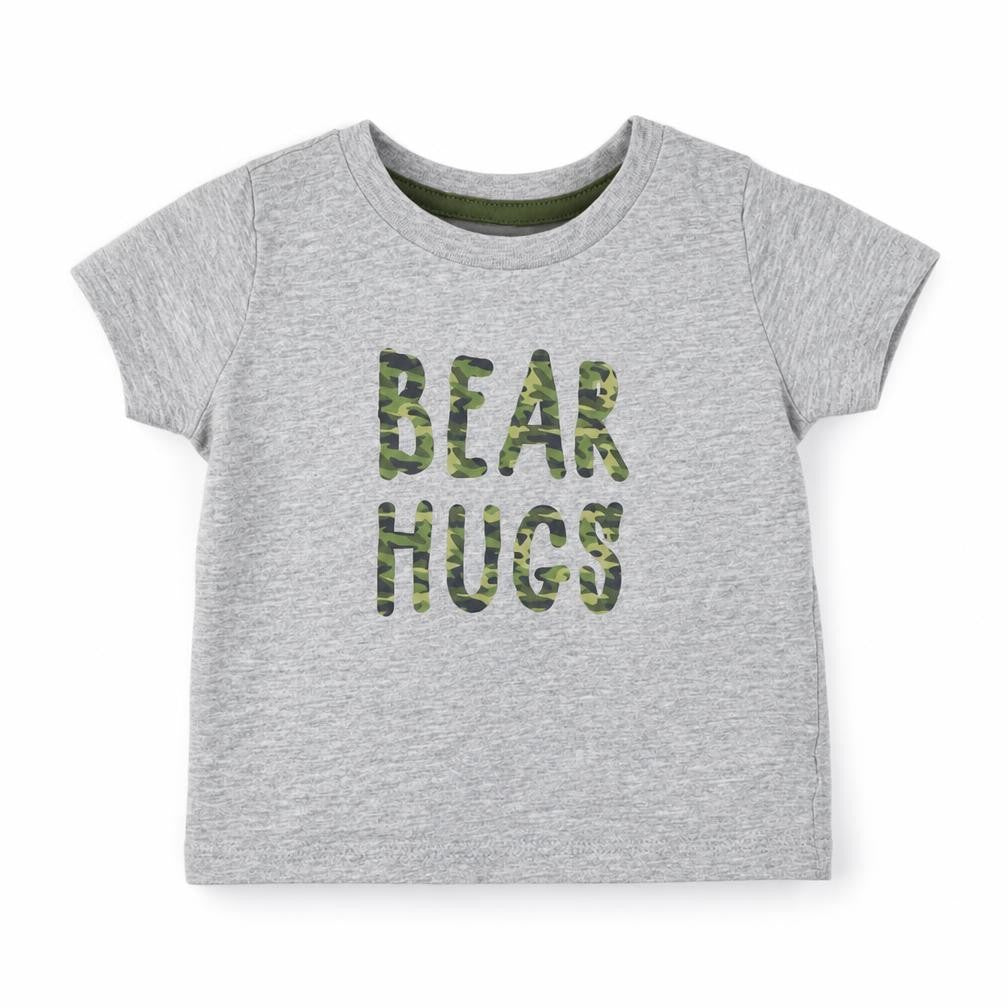 Front view of Peacocks boys’ grey cotton basic t-shirt, size 0-3, months crew neck pullover - bear hugs