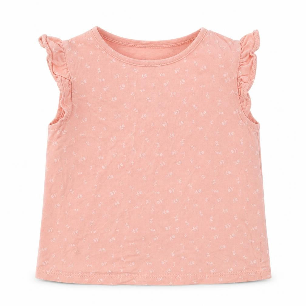 Front view of d&D girls’ pink floral cotton basic t-shirt, size 3-6, months crew neck pullover