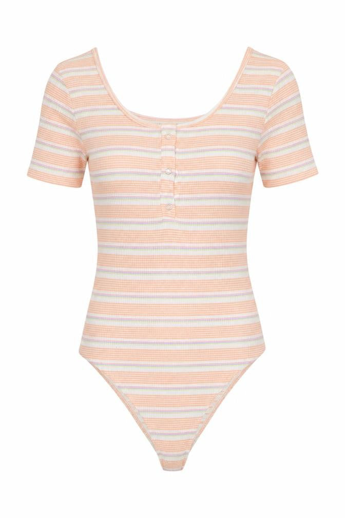 Front view of Primark women’s orange striped polyester bodysuit one-piece, size S, button