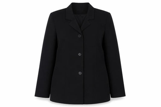 Front view of Etam women’s black jacket blazer, size UK 14, button