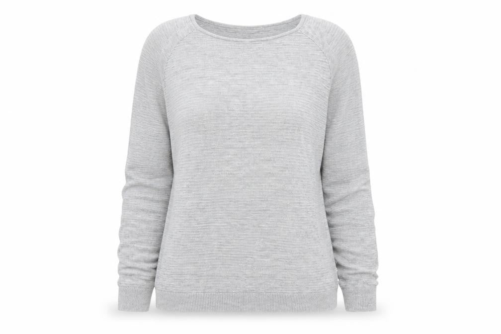 Front view of Avenue women’s grey round neck viscose jumper, size UK 14