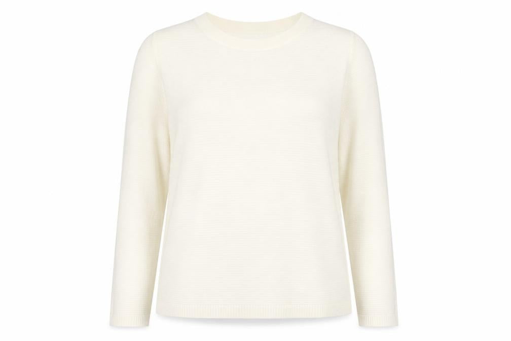 Front view of Marks & Spencer women’s ivory crew neck acrylic jumper, size UK 14