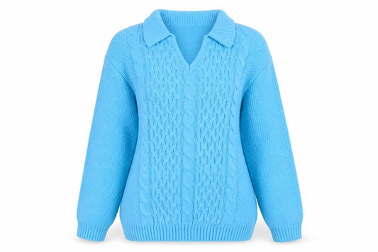 Front view of Isle Essentials women’s beige collared acrylic jumper, size S