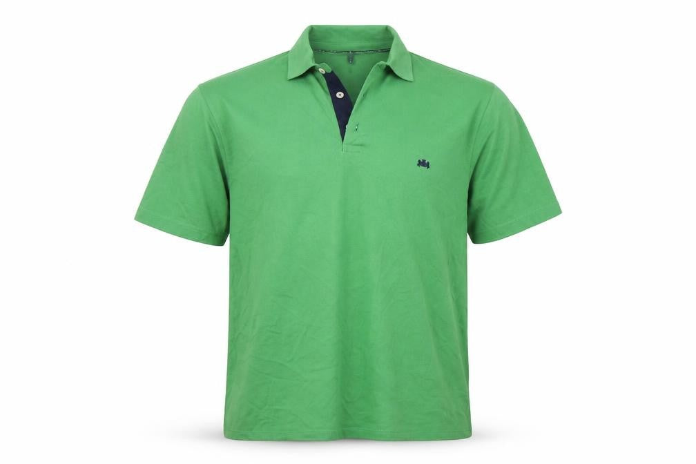 Front view of Saville Row men’s green cotton polo, size M, collared pullover