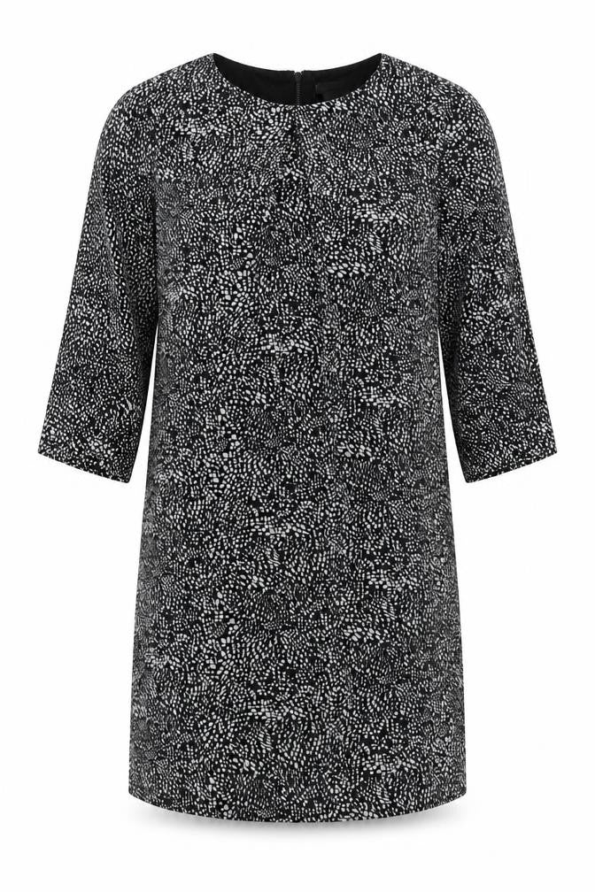 Front view of H&M women’s black animal print polyester shift, size UK 14, roll neck zip