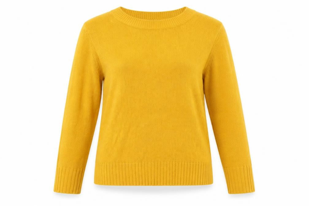 Front view of H&M women’s yellow crew neck acrylic jumper, size S