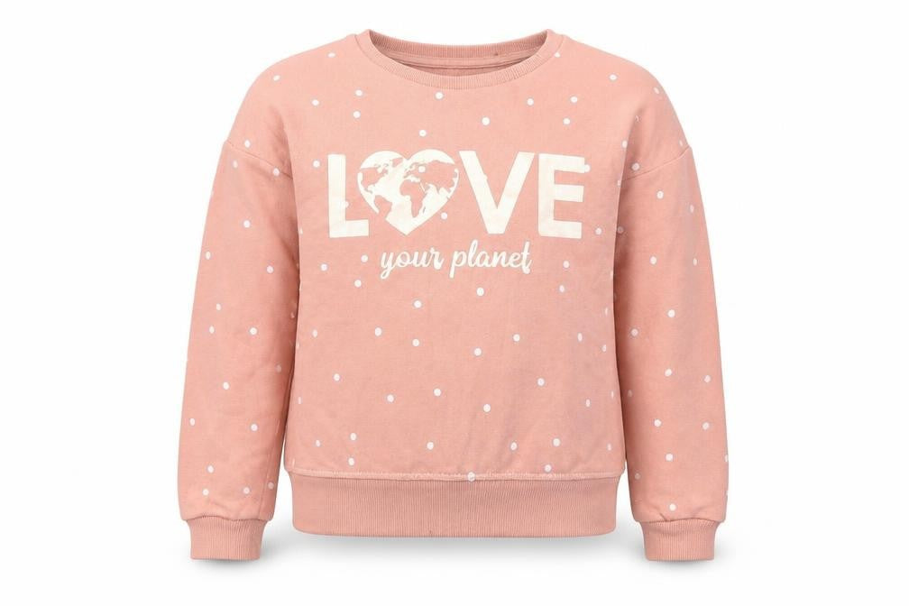 Front view of Primark girls’ pink polka dot cotton pullover sweatshirt, size 7-8, years pullover - love your planet
