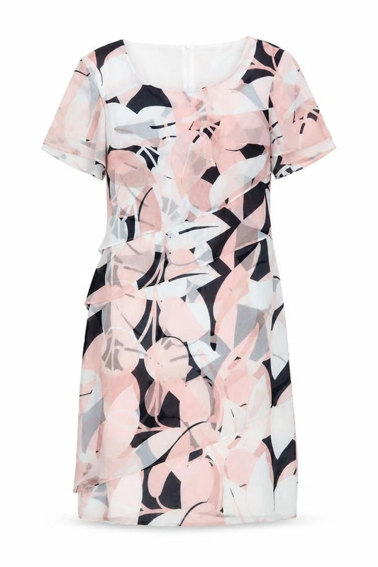 Front view of Hermann Lange women’s pink geometric polyester shift, size UK 10, scoop neck zip