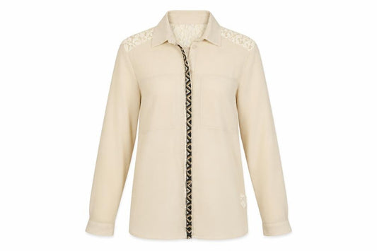 Front view of Boohoo women’s beige polyester basic button-up, size UK 8, collared - lace detail
