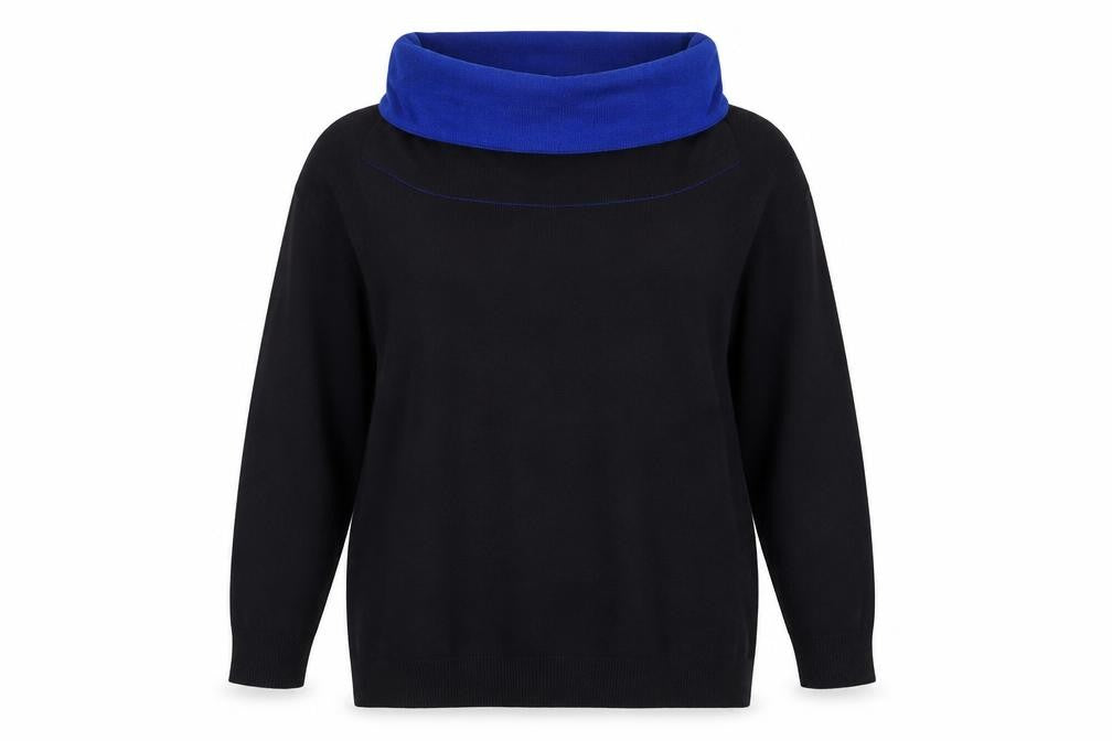Front view of M&Co women’s blue acrylic jersey blouse, size UK 14, roll neck