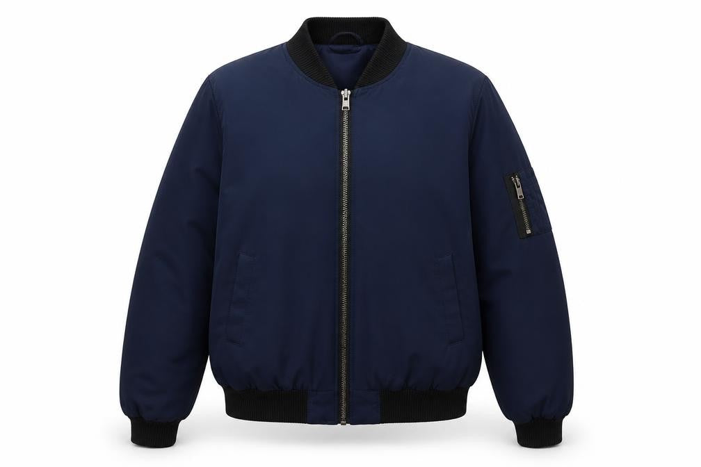 Front view of Miss Selfridge women’s blue jacket, size UK 10, zip