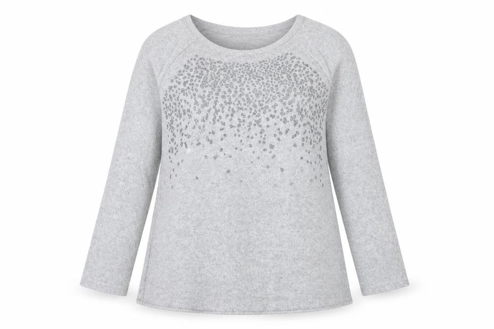 Front view of Marks & Spencer women’s grey round neck polyester jumper, size UK 14