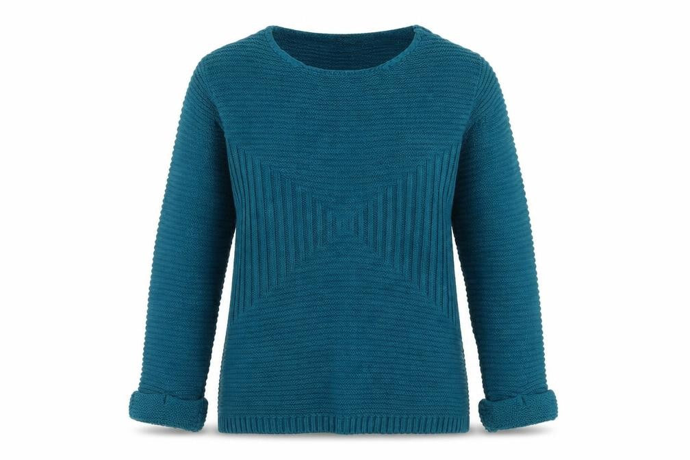 Front view of IY women’s blue scoop neck acrylic jumper, size S