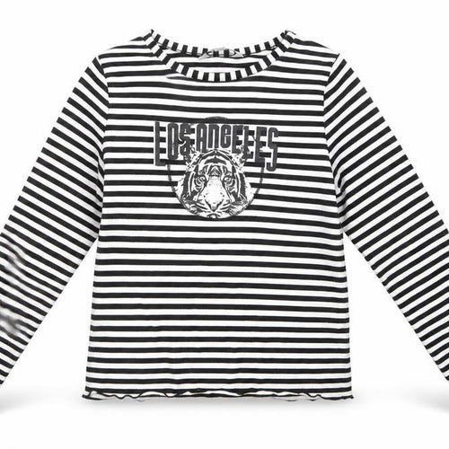 Miss E-vie Girls Black Striped Polyester Basic T-Shirt Size 7-8 Years Crew Neck Pullover - Los Angeles