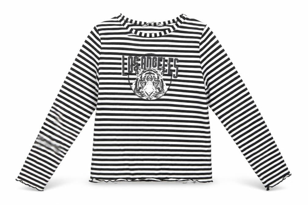 Miss E-vie Girls Black Striped Polyester Basic T-Shirt Size 7-8 Years Crew Neck Pullover - Los Angeles