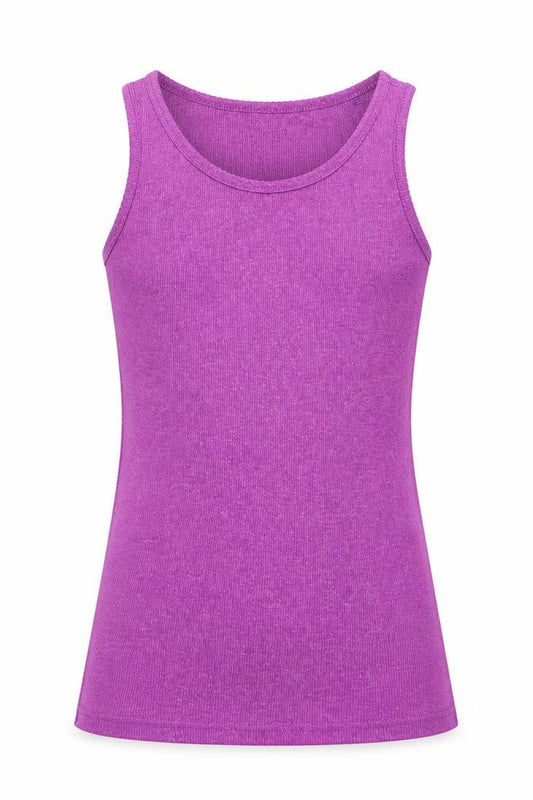 Front view of Next girls’ purple polyester basic tank, size 9, years round neck pullover