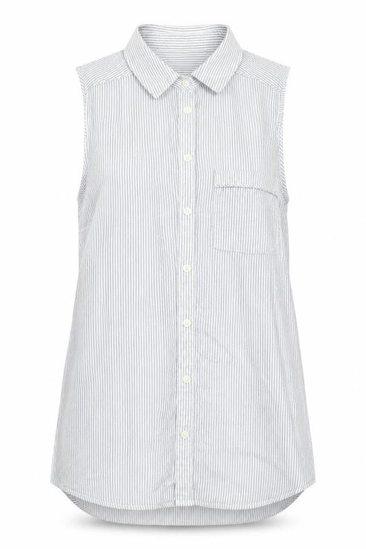 Front view of New Look women’s blue striped cotton basic button-up, size UK 8, collared