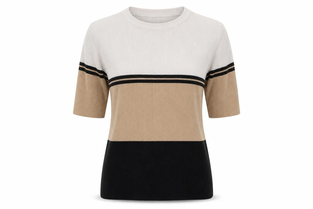 Front view of New Look women’s beige crew neck striped cotton jumper, size UK 10
