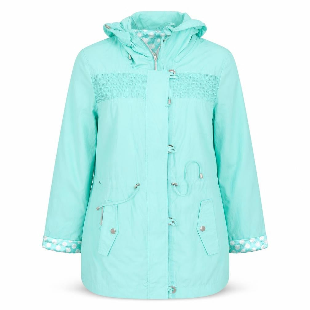 Front view of First Avenue women’s green jacket coat, size M, zip