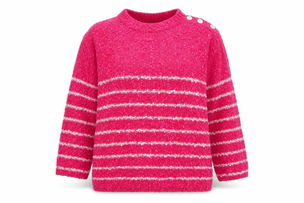 Front view of Elizabeth Scott women’s pink round neck striped polyester jumper, size L
