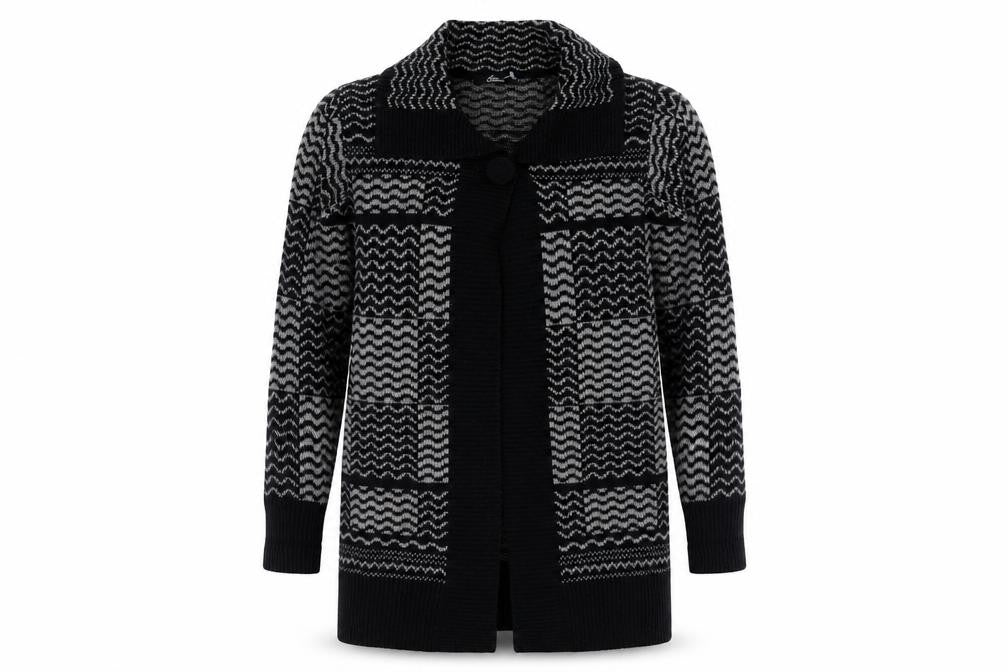 BM Collection Womens Black Collared Geometric Acrylic Cardigan Jumper Size M