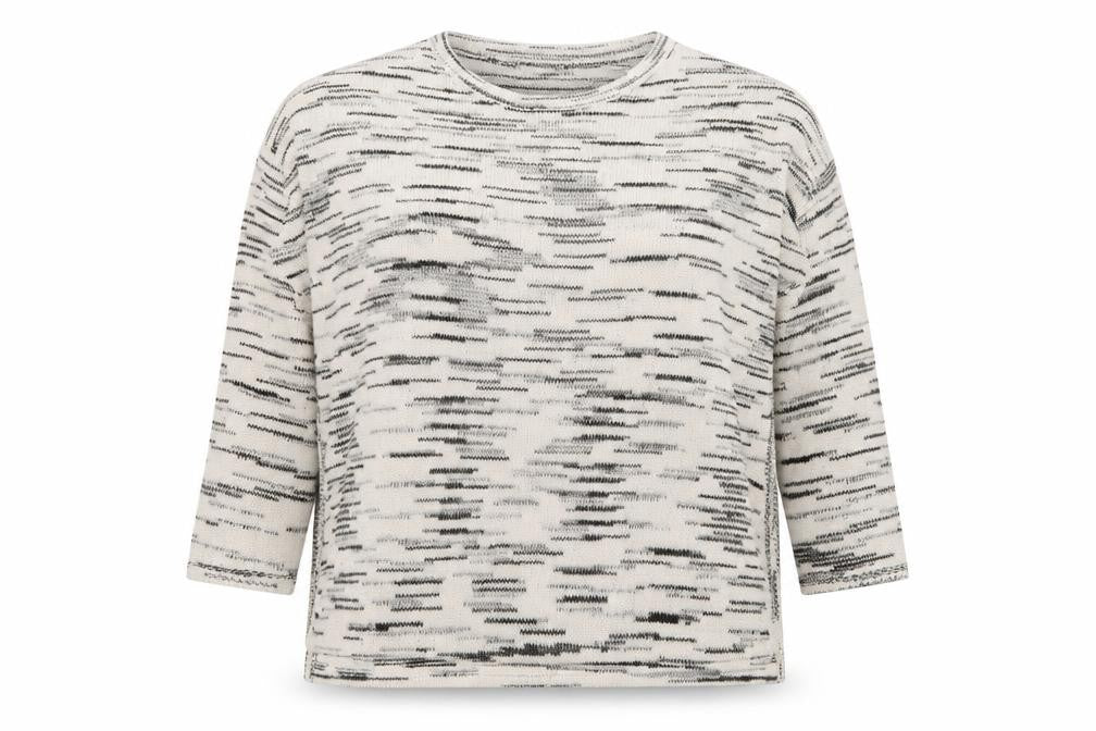 Front view of H&M women’s ivory round neck striped acrylic jumper, size M