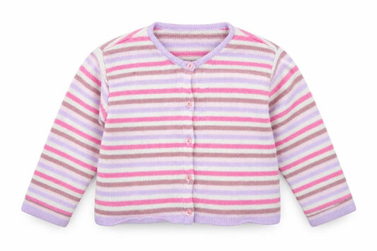 Front view of Marks & Spencer girls’ pink striped acrylic cardigan jumper, size 18-24, months button