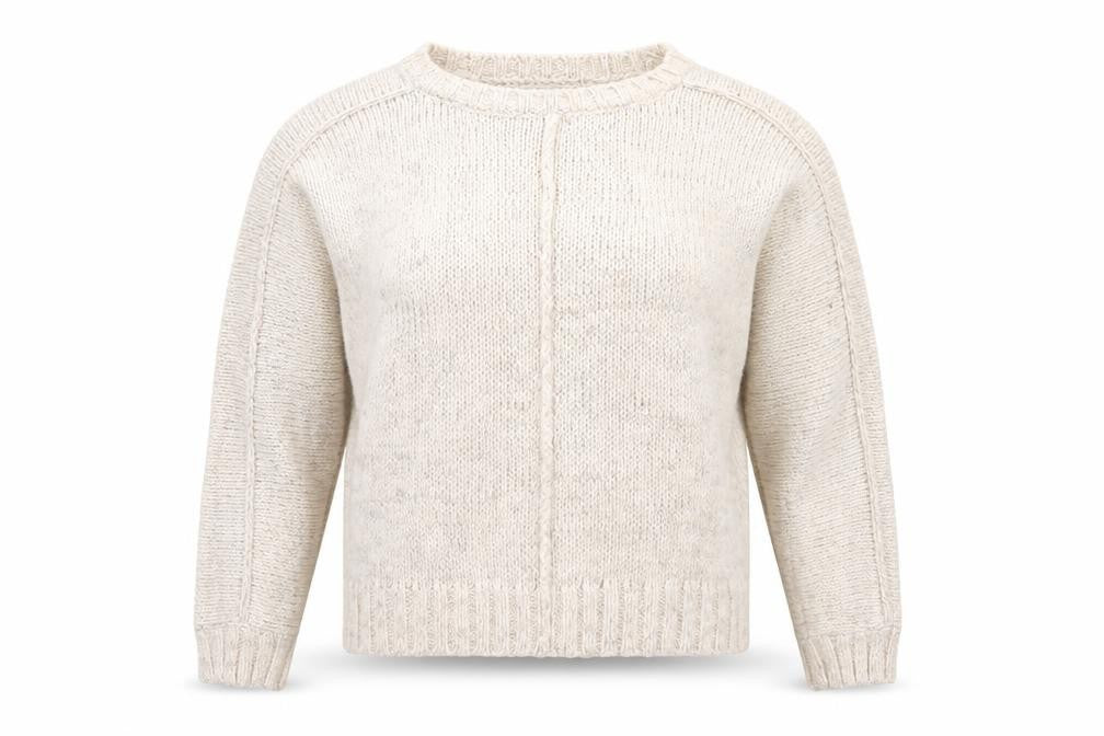 Front view of New Look women’s beige round neck acrylic jumper, size UK 10