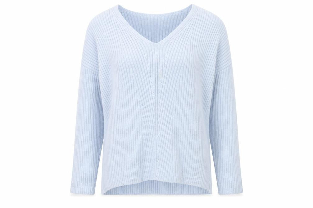 Front view of Topshop women’s blue v-neck acrylic jumper, size S
